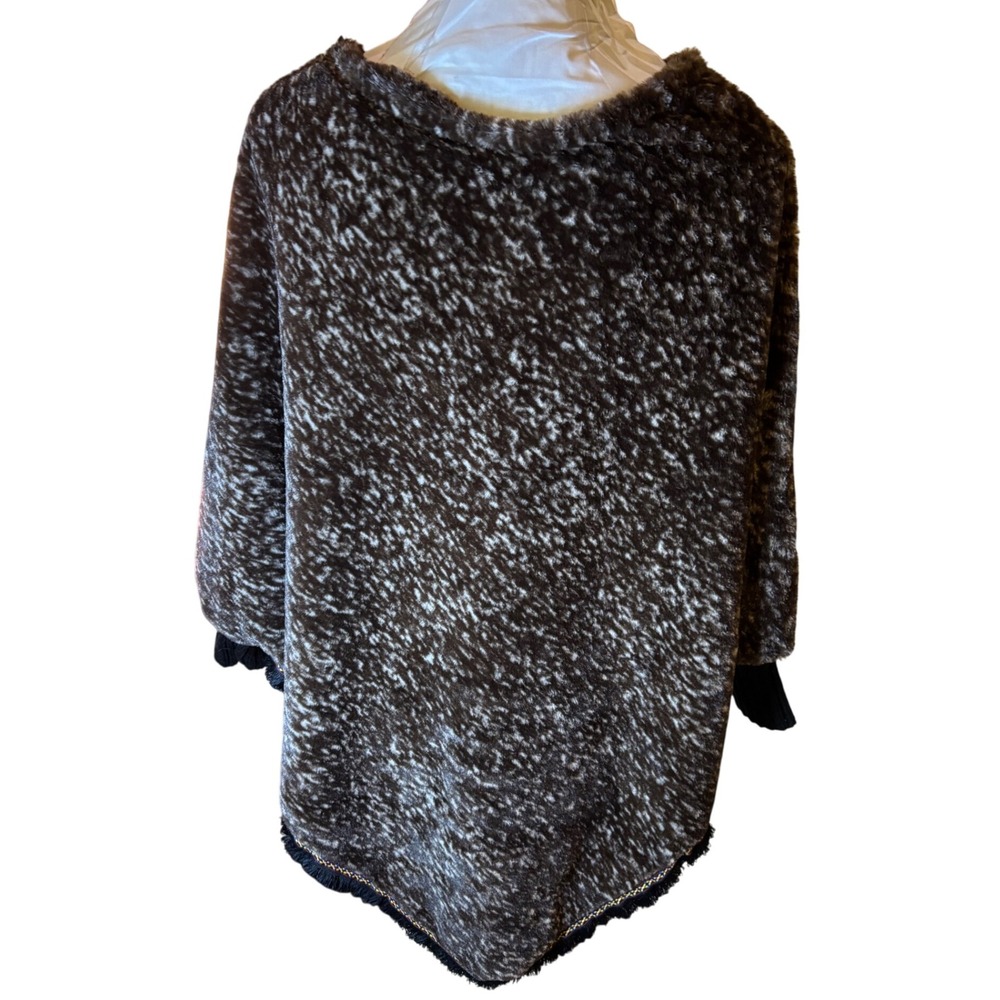 boho Faux Fur Poncho Brown and White Fringe Trim Boho Festival Layering One SIze